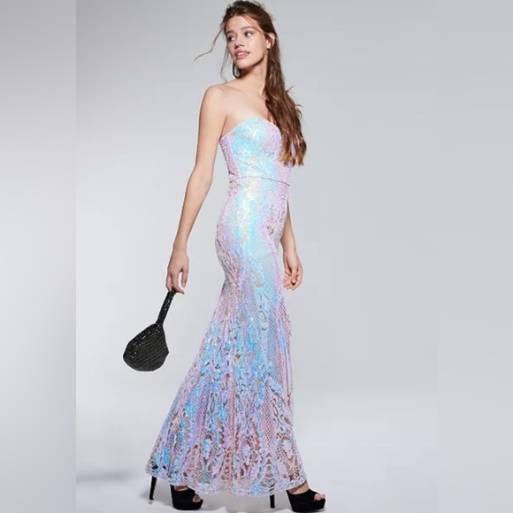 TLC Say Yes To The Prom Juniors' Iridescent Sequin Mermaid Gown Macys Size 3 NWT - Picture 1 of 17
